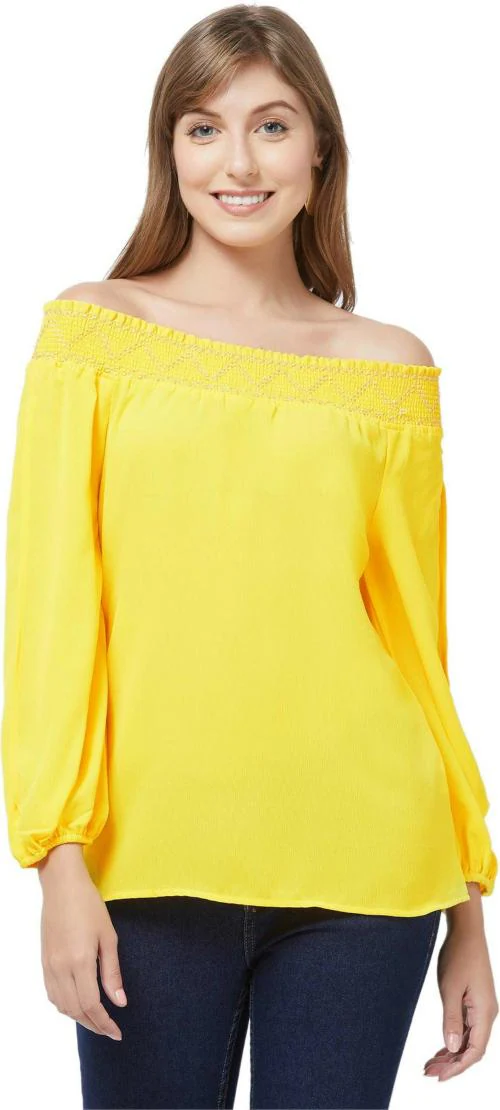 109F Women Yellow Solid Polyester Top