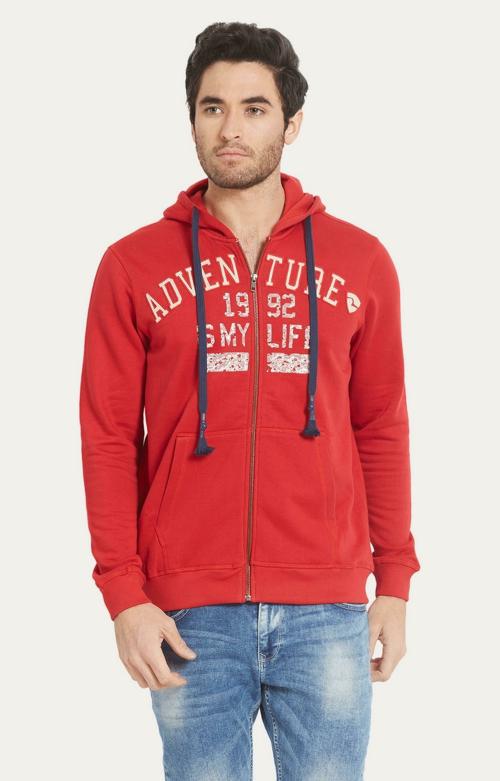 Spykar Men Red Slim Fit Plain Hoodie Sweatshirt