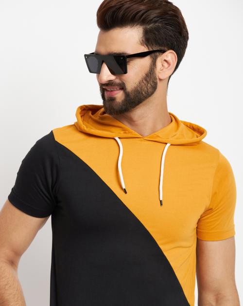 RELANE Men's Half Sleeves Colorblocked Hooded T-shirt