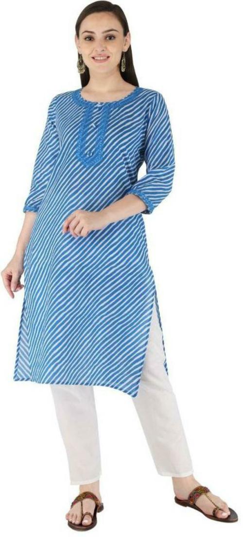 NFH Fashion Women Blue and White Printed Pure Cotton Straight Kurta - L  