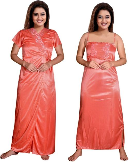Pursa Orange Satin Self Design Nighty with Robe, Free Size (Pack of 2)