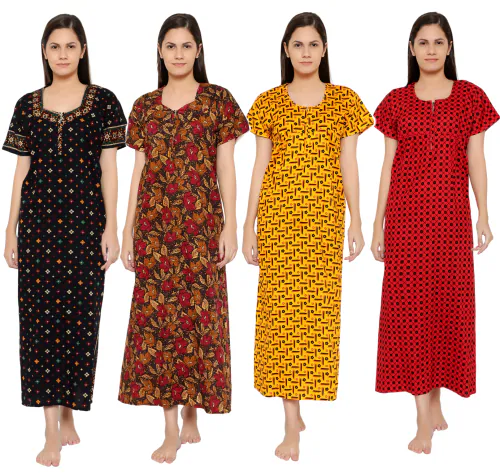 CIERGE Women's Cotton Jaipuri Printed Maxi Nighty (Free Size; Pack of 4)