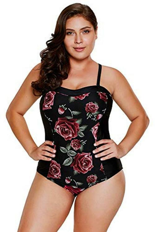 Plus Curvves Plus Size Blooming Rose Print Hourglass One Piece Swimwear - 5XL
