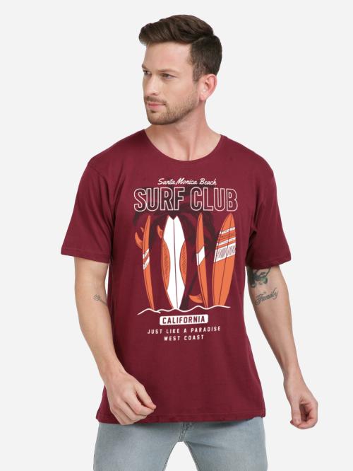 BLACK RADIO Men's Slim Fit Printed Maroon T shirt