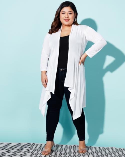 BuyNewTrend Curvy White Hosiery Lycra Plain Women Plus Size Long Shrug