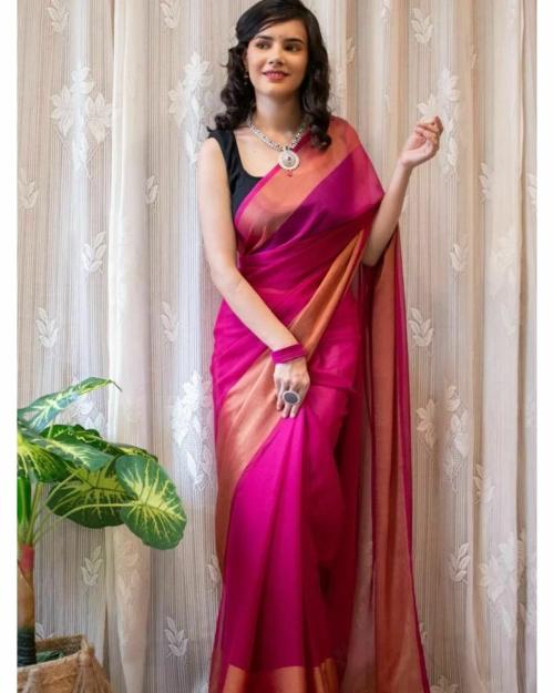 Happy Design Women Pink Chiffon Ready To Wear Saree
