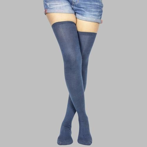 NeskaModa Women's Navy Blue Plain Cotton Thigh-High Stockings