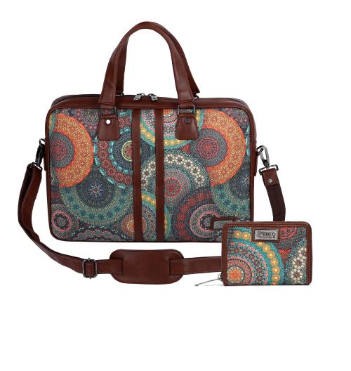 ZEBCO BAGS Women's Laptop Bag Shoulder Messenger Ladies Handbag with up to 15.6 inch Laptop Compartment office handbag & Mini Wallet with Free Tiffin Bag (Floral Mandala)