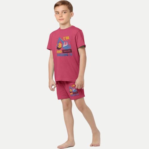 Rad Prix Boys Dark Pink Printed Shorts & Tees set with summer print