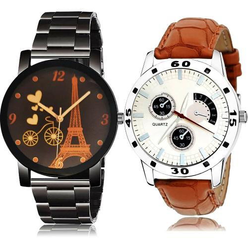 NEUTRON Latest Wrist Bicycle Eiffel Tower Chain And Sports Black And Brown Colour Analog Metal And Genuine Leather Belt 2 Watch Combo For Boys And Men - BCPL10-B52