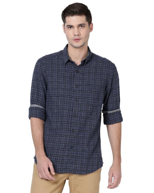 t-base Full Sleeve Cotton Linen Slub Checks Shirt For Men - Mood Indigo
