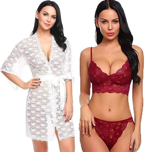 Iyaracollection Women White, Maroon Self Design Lace Lingerie Robe Set