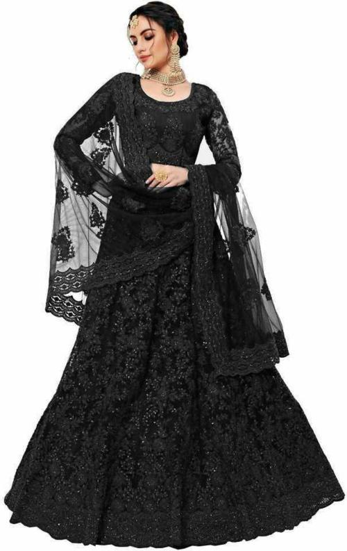 VM TEJANI Women Black Embroidered Net Lehenga Choli Set With Dupatta