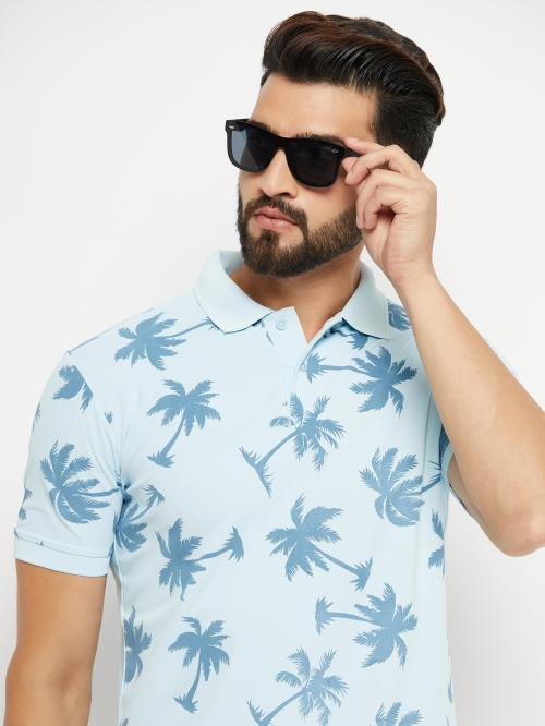 Renuovo Men Light Blue Printed Cotton Blend Polo Neck T-Shirt (L)