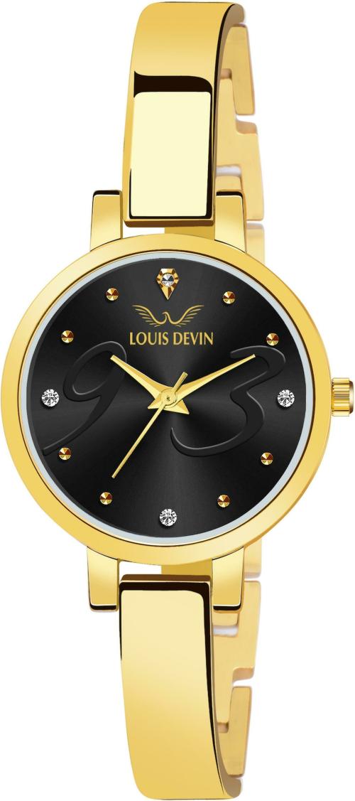 Louis Devin Gold Plated Bracelet Analog Wrist Watch for Women (Black Dial) | LD-JWL166-BLK