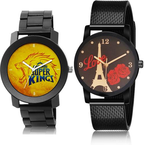 GROOT Latest Tread Chennai Super Kings Squad (Csk) Ipl Chain And I Love You Black Colour Analog Metal And Plastic Belt 2 Watch Combo For Boys And Men - IPL11-BRM11