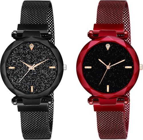 TRUE COLORS Analog Black Dial Black and Red Strap Wrist Watch for Girls (Pack of 2)