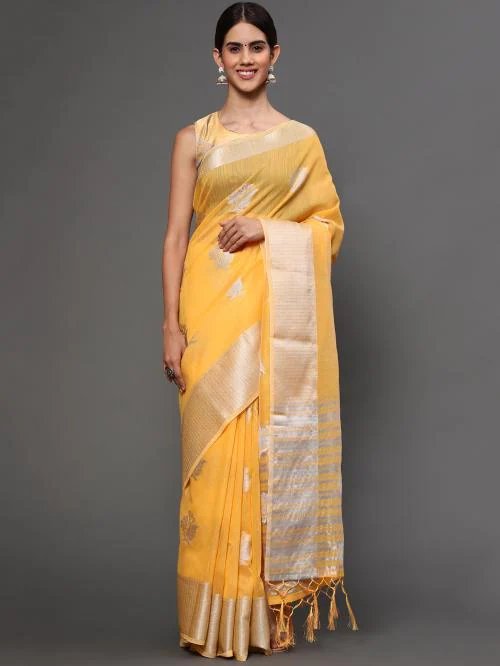 Leeza Store Women's Mango Yellow Tissue Silk Silver Zari Floral Motifs Saree With Blouse Piece