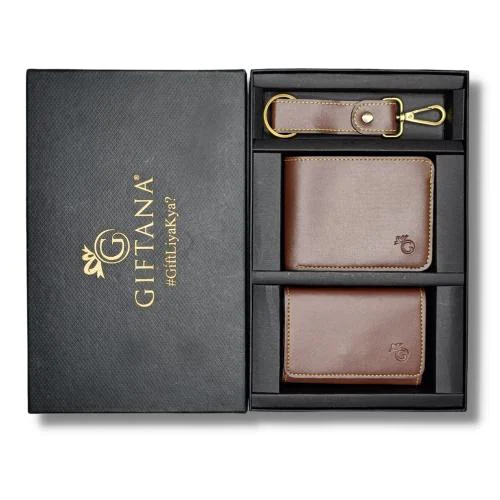 Giftana 3 in 1 Gift Set for Men Vegan Leather Wallet, Card Holder, Key Chain Gift Hamper for Men | Men's Wallet Combo Set | Valentines day Gift, Birthday Gifts for Boy Husband, Brother, Friend (Brown)