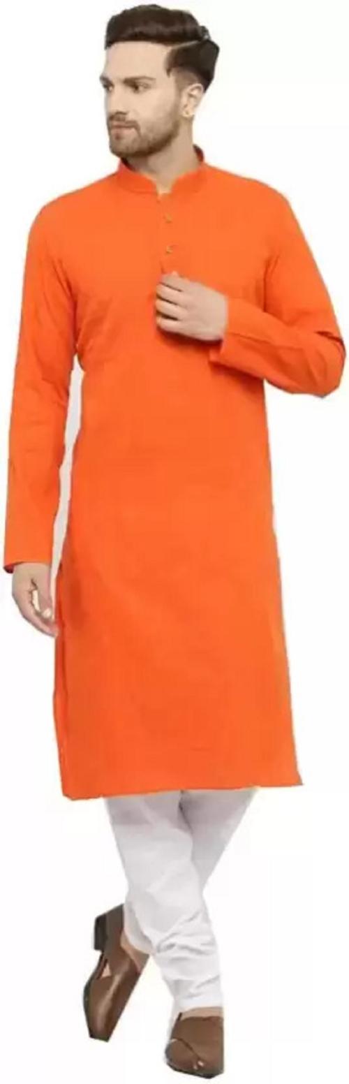 ANUJ FASHION Men's Cotton Blend Plain Full Sleeves Formal Kurta (Orange-L)