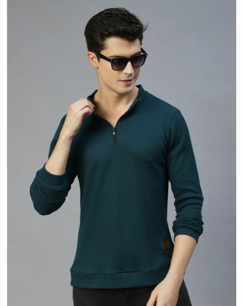 Rigo Men Teal Henley Neck Full Sleeves Waffle Knit T-shirt