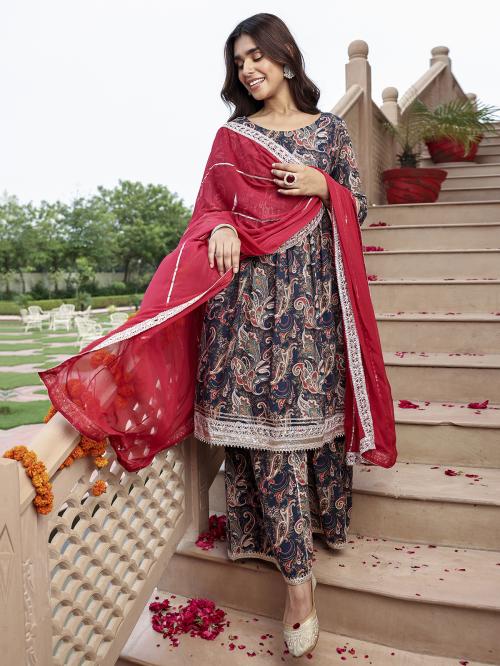 Janasya Women's Navy Blue Cotton Ethnic printed Kurta with Flared Palazzo and Dupatta