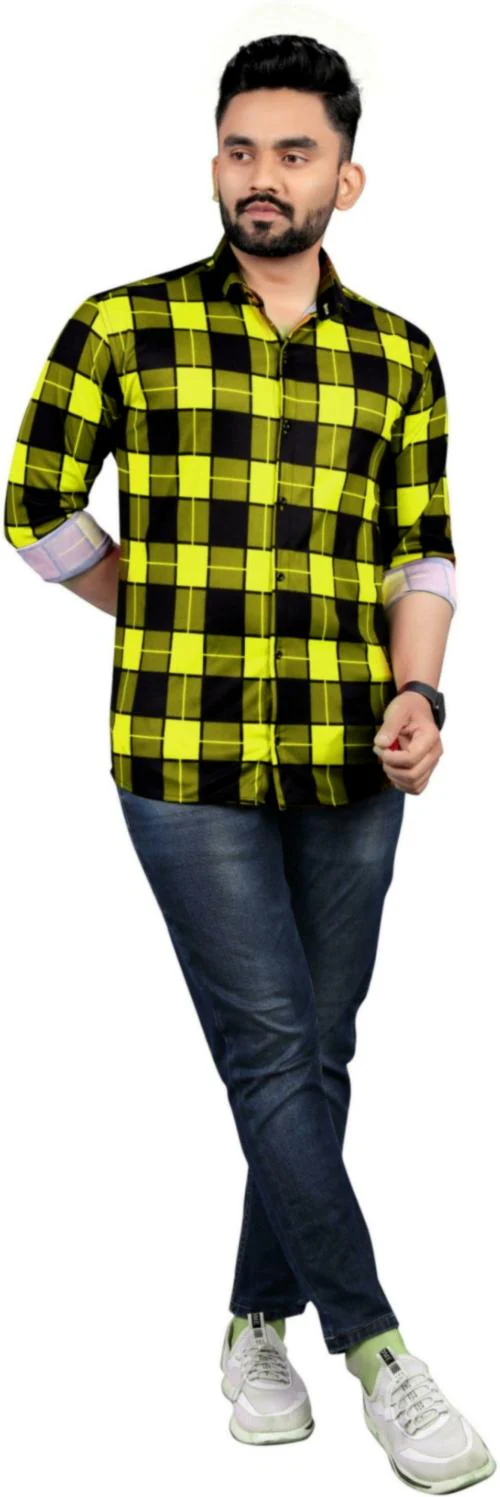 Clinch Fashion Men Yellow, Black Checkered Cotton Lycra Casual Shirts (Yellow, Black )(XL)