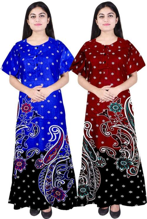 Silver Organisation Women Multicolor Block print Pure Cotton Pack of 2 Night Dress