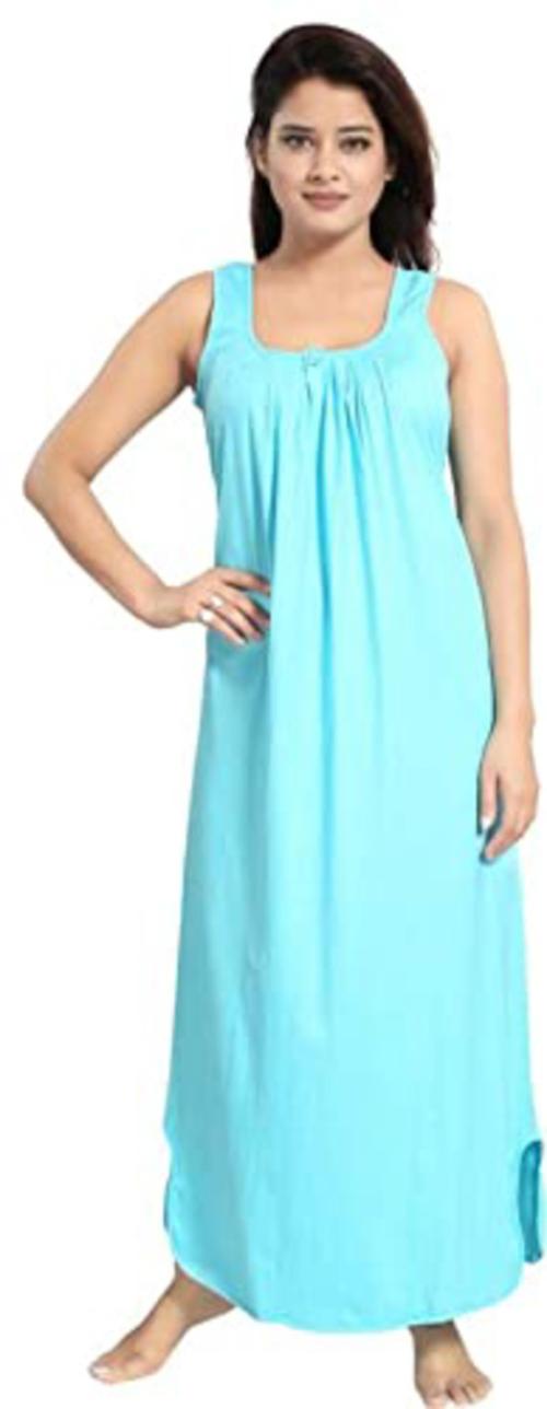 Kavanng Nighties for Women's Cotton Silk Sleeveless Nighty Ankle-Length Solid Slip Cotton Stylish Maxi Nightwear, Smooth and Comfortable Nighty for Women, Light Blue, XL