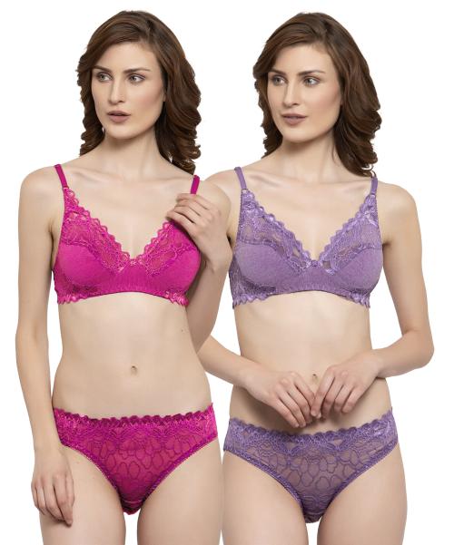 PIBU Trendy Style Pink,Purple Bra Panty Set For Women Lingerie Set Pack of 2