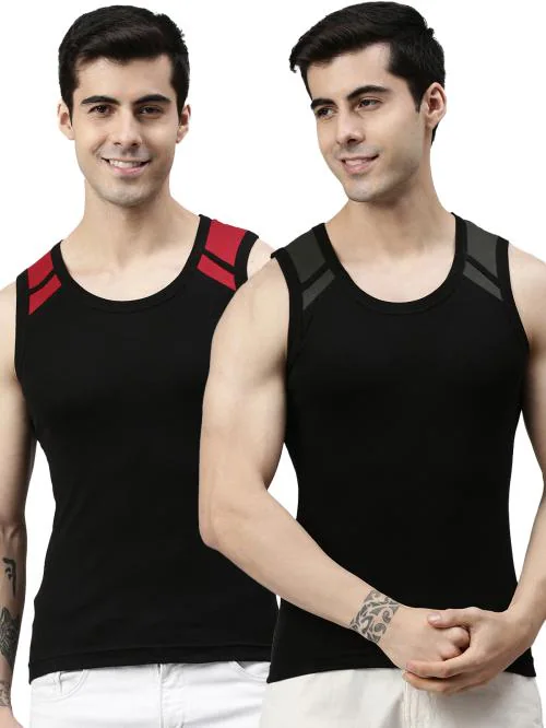 Lux Cozi Black and Dark Olive Cotton Blend Gym Vest Pack of 2