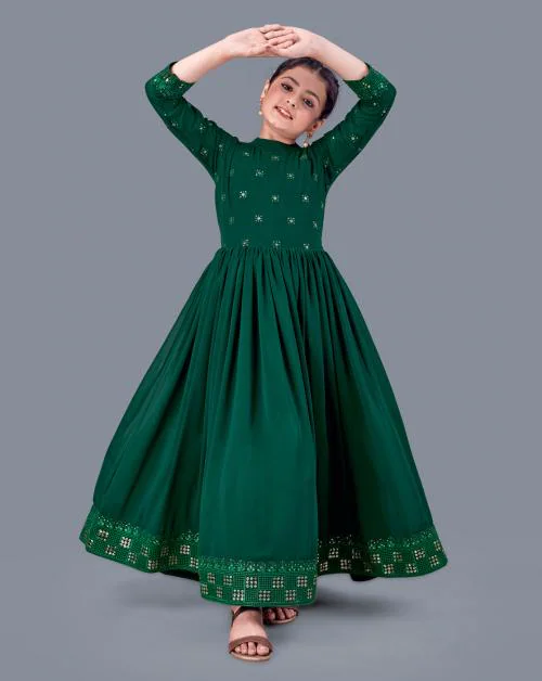 Fashion Dream Girls Dark Green Floral Embroidered Georgette Pack Of 1 Dress | Dresses | Kids Wear | Girls Dress | Kids Dress | Dress | Dresses For Girls | Maxi Dress | Kids Girls Dress