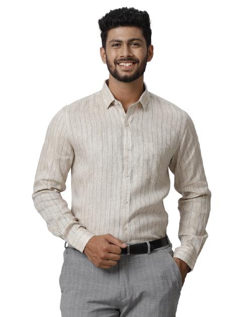 Ramraj Cotton Men Sandal Color Full Sleeves Striped Linen Shirt