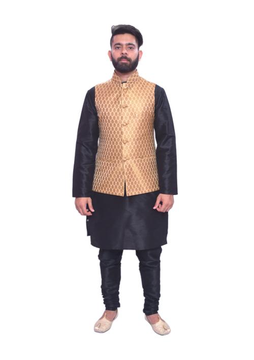 HFP Men's Black Matching Kurta Churidar With Gold Bindoo Waistcoat