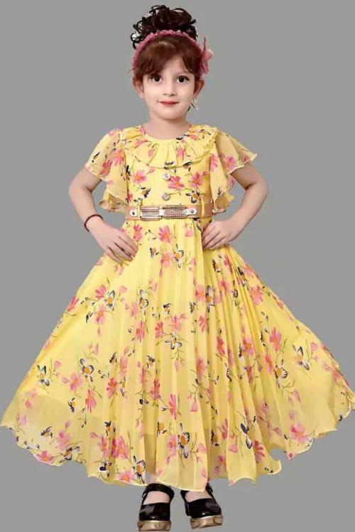 AYUB FASHION Girls Yellow Solid Georgette Gown Dress (9-10Y)