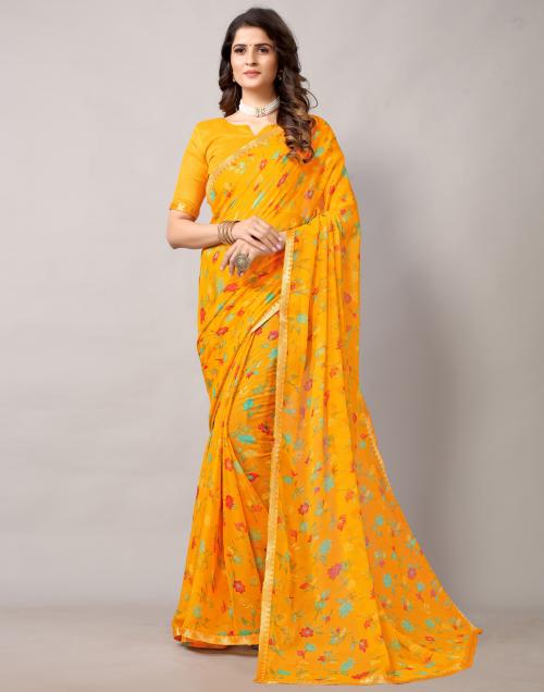 Buy Siril Women Chiffon Turmeric Yellow & Multi Floral Printed & Lace