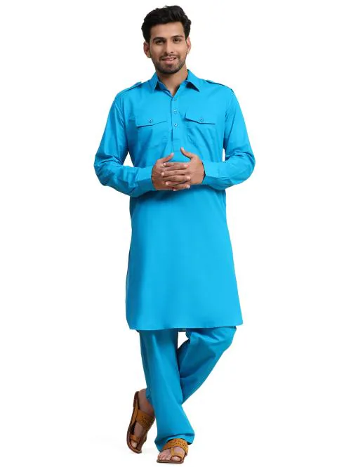 SKAVIJ Men's Pathani Solid Cotton Kurta Pajama Set (Turquoise, L)