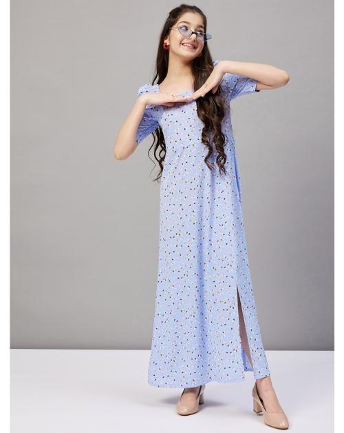 Stylo Bug Girl's Heart Printed Square Neck Half Sleeves Full Length A Line Casual Wear Dress -Blue