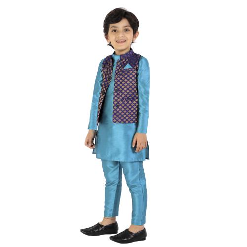 Chakori Three Piece Silk Kurta Pyjama Brocade Jacket Set For Boys Blue