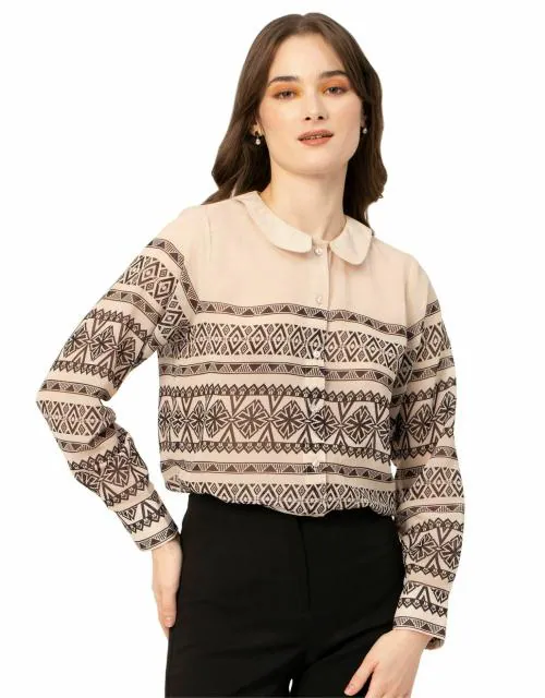 Moomaya Women’s Printed Peter Pan Collar Shirt, Long Sleeve Button Down Designer Shirt