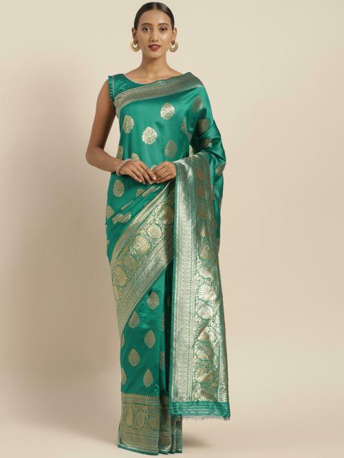 Sainoor Women Free Size Green Woven Design Silk Blend Banarasi Saree