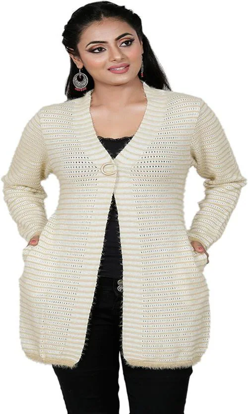 MANERA Woolly Striped V Neck Casual Women Woolen Sweater (Beige)
