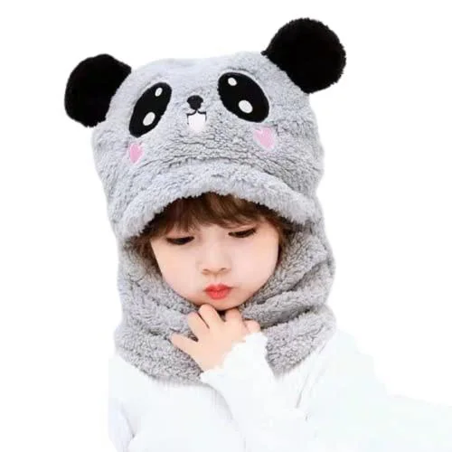 Tricky Shopper Cute Panda Cartoon Monkey Cap for Girls and Boys Age - 6 Years to 12 Years Free Size Plush Wool Winter Cap Neck Scarf (Grey Color)