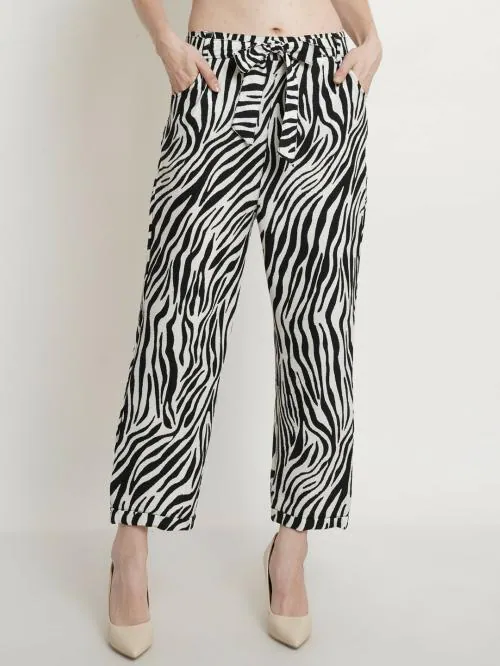 Popwings Women Solid Zebra Printed Mid Rise Casual Black & White Regular Fit Palazzo | Black and White Animal Zebra Print Trouser for Women