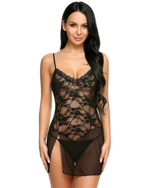 Psychovest Women Black Babydoll Lingerie Set