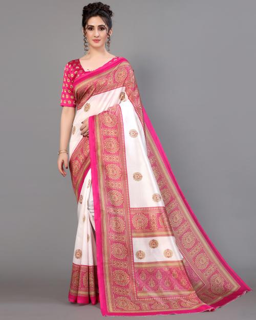 BHAKARWADi White Pink Mysore Silk Floral Print Saree With Blouse Material_( Gor_RUC-411-Pink )