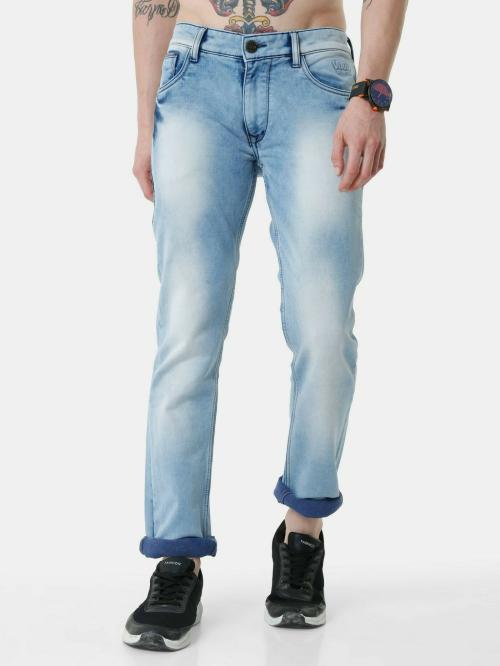 Vudu Men Blue Solid Cotton Slim Jeans Size 32