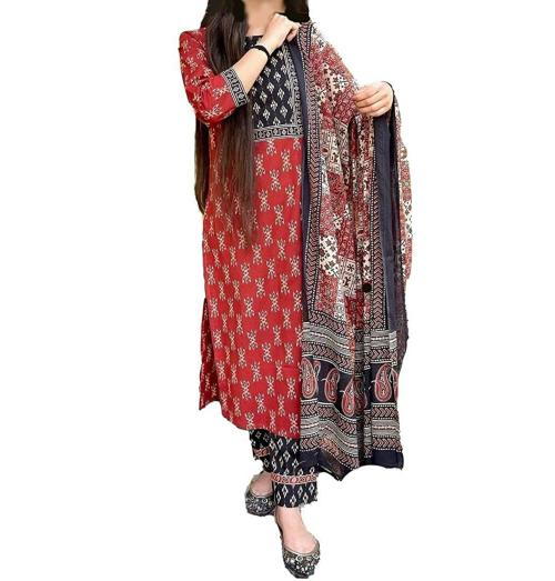 Femeone Women Black Cotton Kurti pant and dupatta Set - L