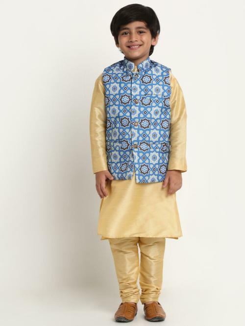 Benstoke Boys Gold & Indigo Blue Geometric Silk Blend Kurta Pyjama Set