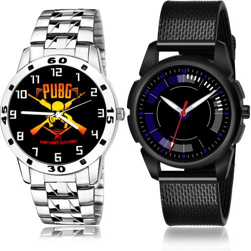 TIMENTER Brand New Technology Pubg Military Army Chain Watch Silver And Black Colour Analog Stainless Steel And Plastic Belt 2 Watch Combo For Boys And Men - B640-(44-S-10)